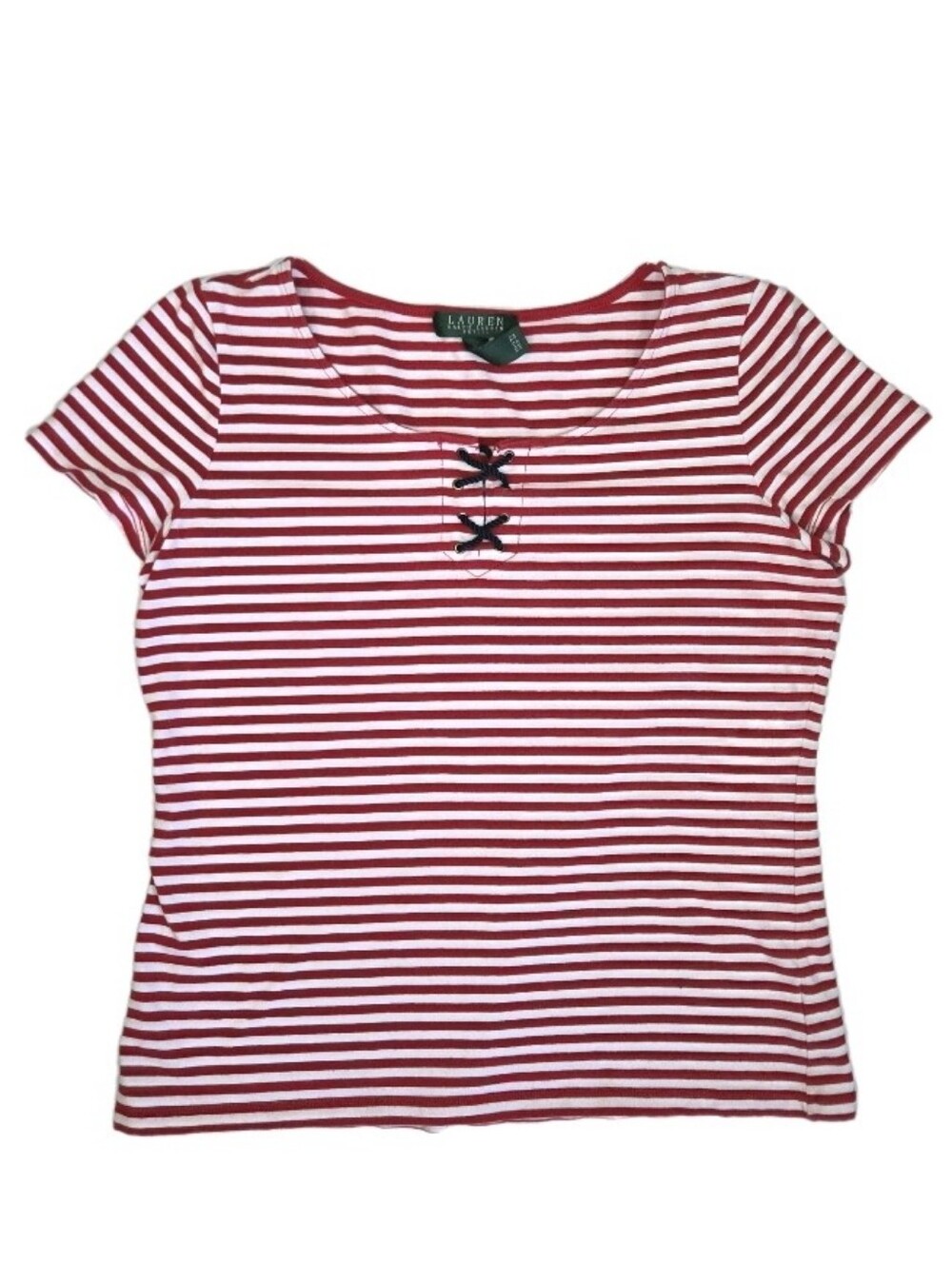 Lauren Ralph Lauren Scoop Neck Nautical Top Women's Size PL Red White Lace Up